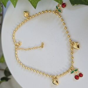 Gold Filled Anklet Ankle Bracelet Red Cherry and Heart
